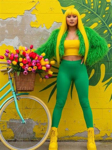 Keep your appearance at 100%. The similarity to the refrain is 100%. The concept: the background is a concrete wall painted yellow, and drawings of giant green leaves of tropical plants are also applied to the wall. The wall is rough, worn in places. The old paint is peeling in places. Leaning against the wall is a vintage large bicycle with a basket at the handlebars filled with a huge bouquet of colorful tulips. Against the background of all of the above, a girl with a reference poses. The gir