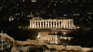 Greece Acropolis city in Athens, Drone night view, 2022 Drone view over Athens city and ancient citadel, August 2022