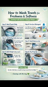 If your towels smell clean but don’t feel clean, this is the fix. ✨ Baking soda in the wash removes odors and buildup ✨ Vinegar in the rinse softens naturally and restores absorbency ✨ Proper drying keeps towels fluffy and fresh No fabric softener needed — just the right method. Save this post and try it 1–2 times a month. Soft towels start in the wash, not in the softener. Cleaning with Mrs Kay 💚 #cleaningwithmrskay #laundrytips #towelcare #cleanhome #housekeeping #fbreelsfypシ゚viralシ #soda | C