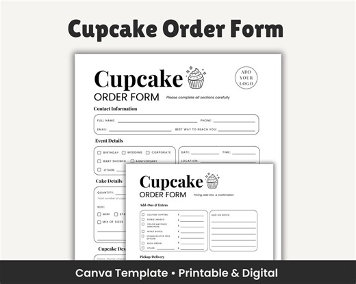 Cupcake Order Form Editable Template, Custom Cupcake Planner for Bakers, Printable Bakery Business Form, Canva Template - Etsy