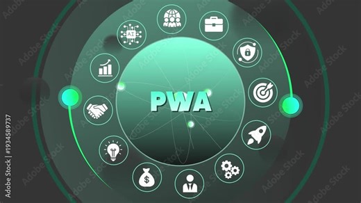 Progressive Web App Concept with P W A and Symbols for Business Technology and Innovation app development