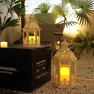 Lanterns Decorative Outdoor&Indoor, Set of 2 (15"&11") Beige Metal Lantern Decor with Glass, Candle Holder for Porch, Patio, Garden, Fall, Wedding, Christmas, Table Centerpiece