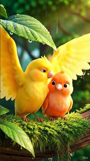 “Raindrops of Love — Two Animated Birds Under the Soft Rain 🌧️”