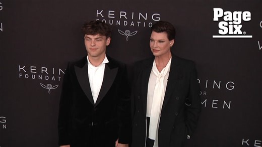Linda Evangelista twins with son Augustin in suits for charity event