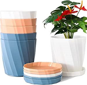 Flower pots 6 Pack 8 Inch, Plastic Planters for Indoor Plants with Drainage Holes and Saucers, Unique Modern Decorative Plant POTS for Home Outdoor Garden with drain hole and tray, Flowerpot Set White