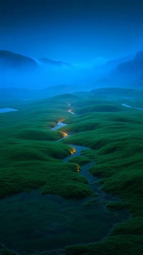 Glowing Blue Mist Over Golden Moss Tundra | Relaxing AI Nature