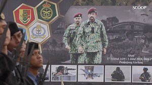Scenes from Penanjong Garrison this morning as the Royal Brunei Armed Forces celebrated its 57th anniversary. HM the Sultan also presented the Air Wing Badge to his 26-year-old son, HRH Prince 'Abdul Mateen, a captain and helicopter pilot with the Royal Brunei Air Force. Video: Rudolf A Portillo Photography for The Scoop | The Scoop
