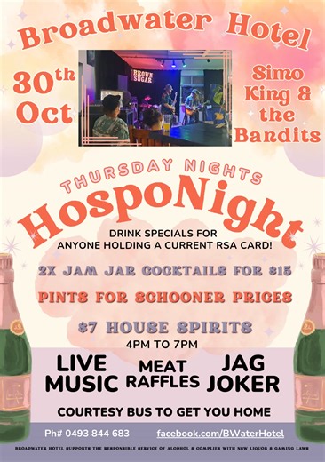 Simo King & the Bandits are back this Thursday! Why? Cause they're good! Simple as that. Don't miss them & don't drive cause we got the courtesy bus running every Thursday Night 😎 | Broadwater Hotel