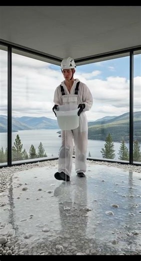 Sàn epoxy với sỏi trắng và sông thực tế phía sau