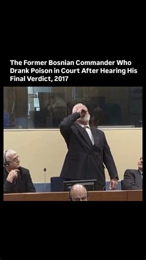 Past Insight on Instagram: "(Follow) us @past.insight On November 29, 2017, the world witnessed one of the most shocking moments ever captured inside an international courtroom. Slobodan Praljak, a former Bosnian Croat commander, stood before the UN tribunal in The Hague as judges upheld his 20-year sentence for his role in the 1990s conflict in Bosnia. The moment the verdict was read, he suddenly declared he rejected the court’s decision, then raised a small bottle to his lips and drank poison 