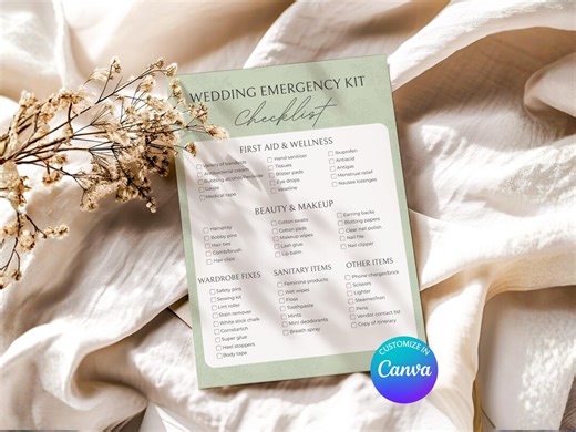 Wedding Emergency Kit Checklist | Packing List Guide for Brides | Customizable Canva Template   Printable PDF | Sage, Green - Etsy