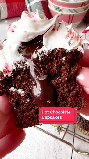 Hot 🍫 Peppermint Ganache Cupcakes🥛🎄 These Cupcakes are super moist and easy to make! Full recipe below. Chocolate Cupcakes: We use the Hershey recipe. * 2 cup sugar * 1 3/4 cup all-purpose flour * 3/4 cup Hershey Cocoa * 1 1/2 tsp baking powder * 1 1/2 tsp baking soda * 1 tsp salt * 2 eggs * 1 cup milk * 1/2 cup vegetable oil * 2 tsp vanilla extract * 1 cup boiling water Ganache: * 1 1/2 cup chocolate chips * 3/4 cup heavy cream Marshmallow fluff: * 4eggs whites * 3/4 cup sugar * 1/4 tsp crea