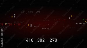 Data and number values passing through cyberspace. 4k red loop animation background.