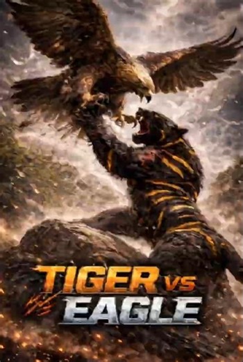 Sky vs Land! A fearless eagle dives from the stormy heavens, but the mighty tiger stands its ground.