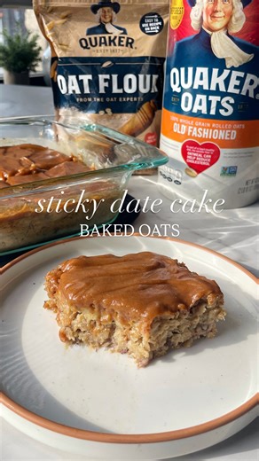 Quaker Oats on Instagram: "Best enjoyed with friends or with a fork right out of the pan. Your call! Recipe (makes 4 servings): 2 ripe bananas 4 Medjool dates + ¼ cup boiling water 1½ cups milk 2 cup Quaker ® Old Fashioned oats ¼ cup oat flour 1 tsp baking powder Sticky Date Sauce: 4 tbsp drippy almond butter 2 tbsp maple syrup 3 tbsp milk to thin"