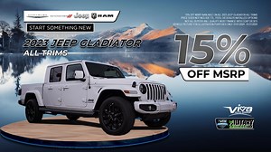 Drive a legend! Whether you like the 2-door 2023 Dodge Challenger or the 4-door 2023 Jeep Gladiator, you'll feel the power and prestige of a legendary Challenger and fun Jeep. Come to Viva Dodge at Gateway East and Lee Trevino today and we'll get you in one of our muscle cars for 6.9% APR for 72 months. All Jeep Gladiators on our lot are at 15 % off MSRP. Make a statement and be the last to drive the iconic sedan in the Borderland. Shop today and live your best life in a Challenger or Jeep Gladi