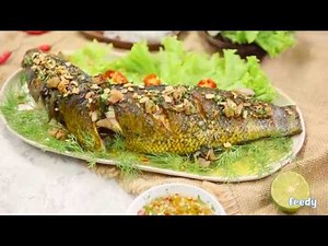 Grilled snake-head fish with spring onion and lard || Recipe by Feedy Food