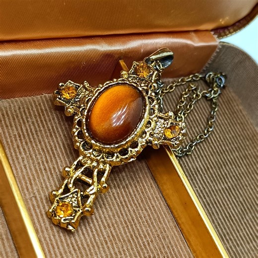 Vintage Antique Gold Cross Pendant Necklace Medieval Filigree Cross Pendant Necklace With Orange Glass Crystals Huge Openwork Pendant - Etsy