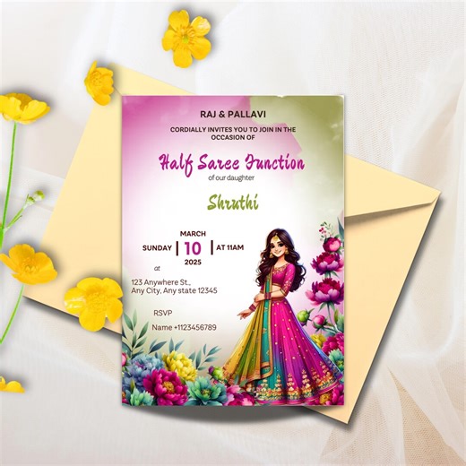 Half Saree Invitation 5x7", Editable Half Saree Ceremony Invitation, Puberty Invites for Half Saree Function - Etsy