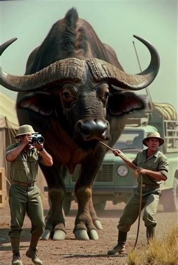 Hunters documenting the capture of a colossal buffalo in a remote savanna