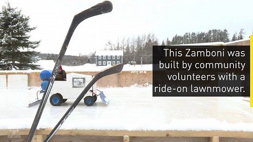 "It's just a redneck idea we had sitting in the garage to make a Zamboni." Step aside MacGyver. A group of New Brunswick volunteers have turned a lawnmower to create an ice-clearing machine for their community rink. http://www.cbc.ca/1.4478083 | CBC News
