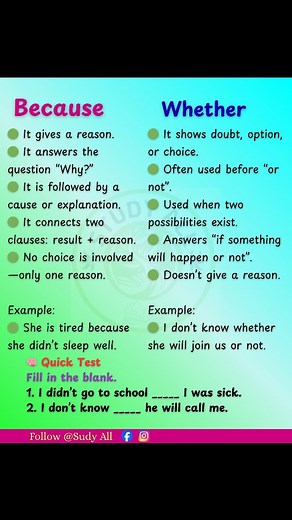 1K reactions · 237 shares | ✅ Because vs Whether . . . . #grammartips #englishtips #shorts | Study All | Facebook