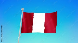 Peru, flag of Peru - national flag flying in the wind on a flagpole (against a blue clear sky). Animation, 4K footage. Beautiful state flag.