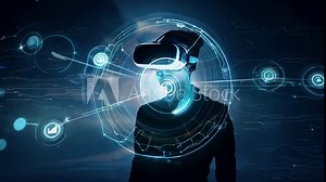 Exploring virtual reality experiences in an immersive digital world at dusk Stock Video