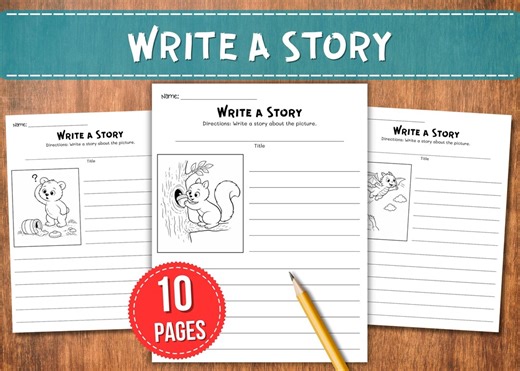 Write a Story Worksheets for Kids | 10 Picture Writing Prompts Printable | Creative Writing Pages for Kindergarten & 1st Grade - Etsy