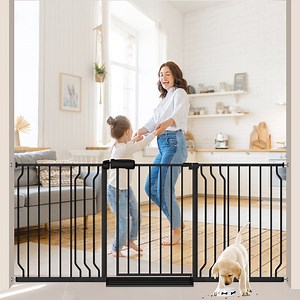 FURDEAR 76-84" Extra Wide Baby Safety Gate with Wall Protectors Walk Thru Black Metal Gate