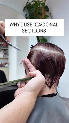 I use diagonal sections for a few main reasons. The first is to control the shape horizontally and vertically at the same time. It also allows me to build my graduated shape easily with repetitive movements and less moving my body around which could cause inconsistency. Finally to encourage the movement and flow of the hair in a certain direction (either forwards or backwards). | Alex Walker