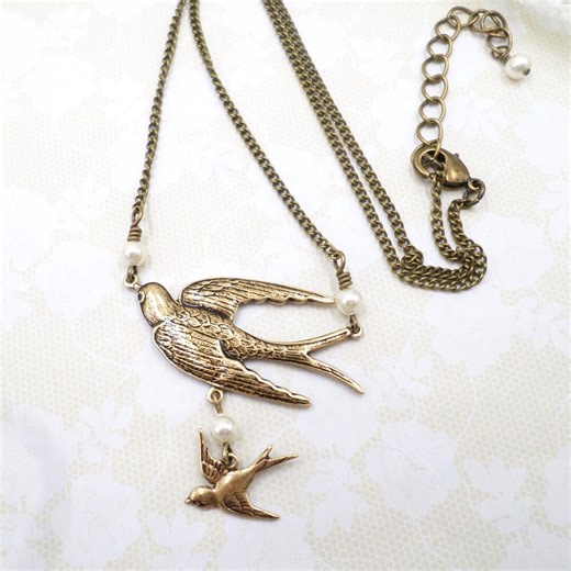 Handmade Brass Swallow Necklace With Pearls: Vintage Style Romantic Nature Bird Jewelry - Etsy