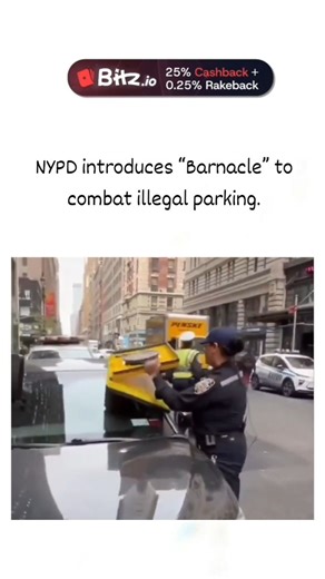 universal mems on Instagram: "The post shares a video of NYPD officers attaching a yellow "Barnacle" device to an illegally parked car's windshield, immobilising it by blocking the driver's view and requiring online payment for release. Introduced by NYPD in April 2024, the Barnacle serves as a cheaper alternative to towing, with drivers scanning a QR code to pay fines plus a $200 deposit for a removal code, aiming to reduce enforcement costs. Replies highlight practical concerns, such as the de
