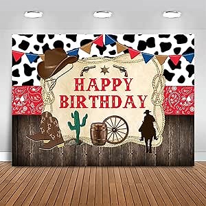 Mocsicka Western Cowboy Happy Birthday Backdrop Rustic Old West Rodeo Cowboy Background Red Bandana and Rustic Wood Kids Birthday Party Decoration Banner (7x5ft (82x60 inch))