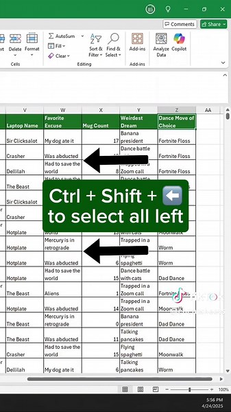 Keyboard Shortcuts for Navigating Sheets Ctrl ⬇️ = Move To Bottom Ctrl ➡️ = Move To Right Ctrl ⬆️ = Move To Top Ctrl ⬅️ = Move To Left Ctrl Shift ⬇️ = Select All Downward Ctrl Shift ➡️ = Select All Right Ctrl Shift ⬆️ = Select All Upward Ctrl Shift ⬅️ = Select All Left Ctrl A = Select All If you're not using Excel Dashboards to save you hours each week - you're missing out! In Miss Excel's FREE Class, she will show you her top tips for optimizing your spreadsheets. Register using the link in our