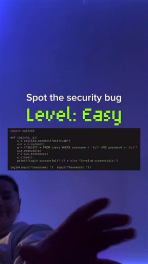 Perly on Instagram: "Can you spot it? 👀 The issue here is that the username and password entered by the user are directly used in the SQL string , therefore making the code vulnerable to SQL injection :) #securityengineering #securecoding #cybersecuritytips #websecurity #cybersecuritytraining"
