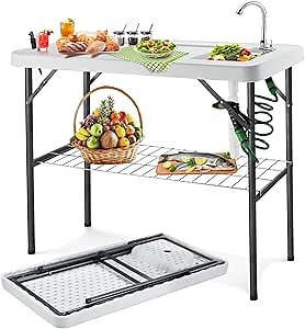 Besunbar Fish Cleaning Table with Sink Portable Folding Camping Table w/ 360° Swivel Faucet, Powerful Spray Nozzle, Sharpy Handy Knife, Suitable for Camping, Fishing, Picnic, Black