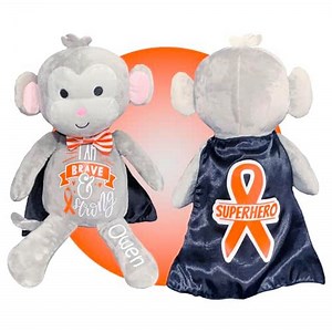 Cancer Gifts for Kids - Personalized 13" Cancer Monkey - You Choose The Color - Gifts for Leukemia - Chemo Care Package - Cancer Care Package - Orange Leukemia Ribbon