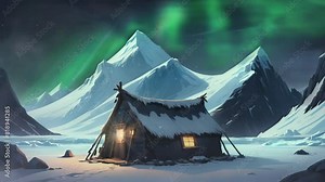 Journey to the Arctic wilderness with this captivating 4K looping video, showcasing native houses nestled in snow under the starry night sky, framed by the rugged beauty of mountain peaks.