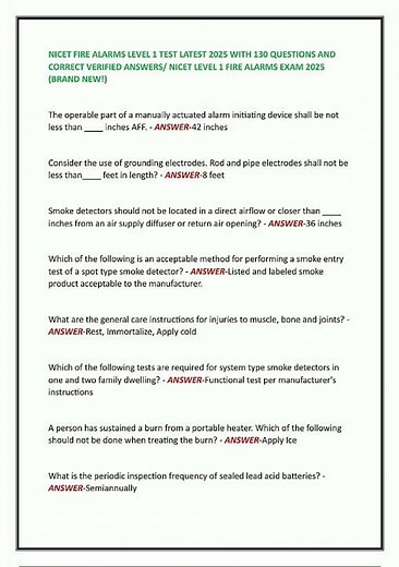 NICET FIRE ALARMS LEVEL 1 TEST LATEST 2025 WITH 130 QUESTIONS AND CORRECT VERIFIED ANSWERS NICET LEV