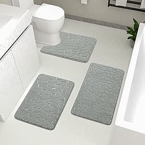 YIHOUSE Bathroom Rugs Mat Set, Memory Foam Bath Mat 3 Piece Gray | U Shape+Small Mat, Non Slip, Water Absorbent, Washable, Bath Mat For Bathroom, Sink and Toilet