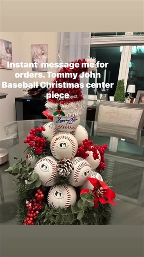 Tommy John baseball Christmas tree centerpiece. The top ball is personally autographed by Tommy contact me for more information and different colors. If you want small ornaments and blue green red silver, it’s your choice. | Cheryl Zeldin John