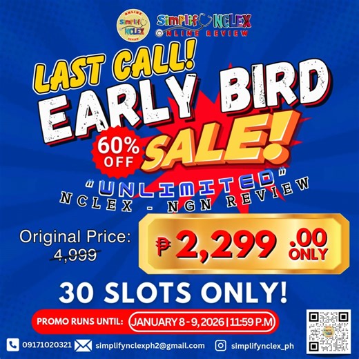 🐦𝗟𝗔𝗦𝗧 𝗖𝗔𝗟𝗟 𝗘𝗔𝗥𝗟𝗬 𝗕𝗜𝗥𝗗 𝗦𝗔𝗟𝗘!🐦 ENROLLMENT IS ONGOING! “ 𝟴 𝗶𝗻 𝟭 𝗨𝗡𝗟𝗜𝗠𝗜𝗧𝗘𝗗 𝗡𝗖𝗟𝗘𝗫 𝗥𝗘𝗩𝗜𝗘𝗪 “ Unlimited NCLEX Review, Unlimited Access, Until You Pass NCLEX" ☑️ Next Generation NCLEX Review What You Get? 1.Unlimited Review: Stay enrolled and get all resources until you successfully pass the NCLEX. 2. Zero Hidden Fees: Pay just once, and there are NO EXTRA CHARGES, ever. 3. Live Teaching: Participate in live, interactive Zoom review meetings. 4. Personal Coa