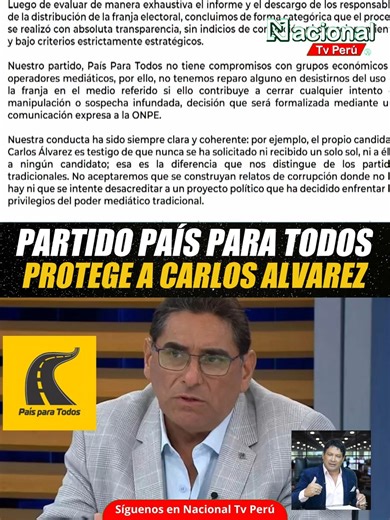 El partido País para Todos rechazó las versiones sobre un presunto direccionamiento de recursos hacia un medio de comunicación y afirmó que el uso de su franja electoral se realizó dentro del marco legal. La agrupación indicó que Carlos Álvarez no participó en la asignación de la franja y anunció que desistirá de utilizarla en el medio cuestionado, decisión que será comunicada a la ONPE. También pueden seguirnos en más de 100 empresas de Cable Operadores en todo el país. 🖥 Canal de Televisión 1