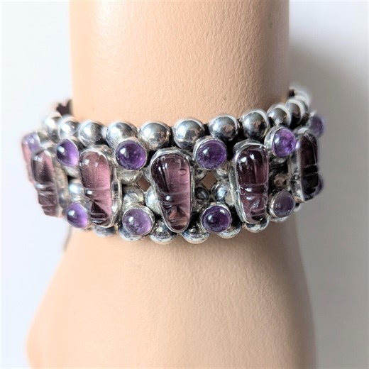 Vintage 1940s Mexican Silver Multi-row Repousse Spheres Mask Bracelet With Purple Amethyst Cabochons - Etsy