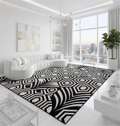 Black White Geometric Area Rug, Modern Abstract Luxury Carpet, Contemporary Statement Home Decor - Etsy