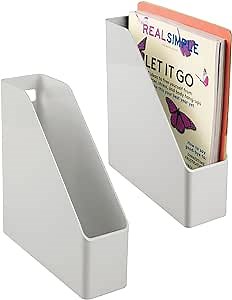mDesign Plastic Slim Vertical File Folder Storage Organizer Bin with Handle - Hold Notebooks, Binders, Envelopes, Magazines for Home Office, Work Desktops, Ligne Collection, 2 Pack, Light Stone Gray