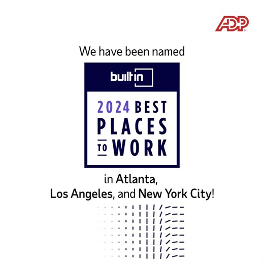 🎉ADP is named a Built In Best Places To Work 🎉 ⠀ For the fourth year in a row, ADP is recognized by Built In as a Best Place to Work overall and in these markets: ⠀ 🍑 Atlanta 🍎 New York City ☀️ Los Angeles ⠀ Congratulations to all of our technologists! Check out the link below to learn more about a tech career at ADP. https://adp.careers/3SbgLtx #ADPTech #BestPlacesToWork #Award #TechCareer | ADP Careers