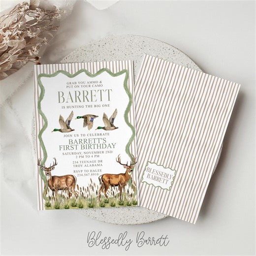 Hunting Birthday Invitation, Southern Boy, Mallard Duck and Bucks, Camo Ammo, First Birthday, Customizable Template, Printable Digital - Etsy