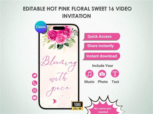 Hot Pink Floral Sweet 16 Invitation | Canva Template | Instant Download | Pastel Birthday Einvite - Etsy